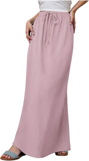 Rvidbe Women's Flowy Boho Maxi Skirt Drawstring Low Waist A Line Vacation Long Skirt Summer Casual Linen Skirts for Women