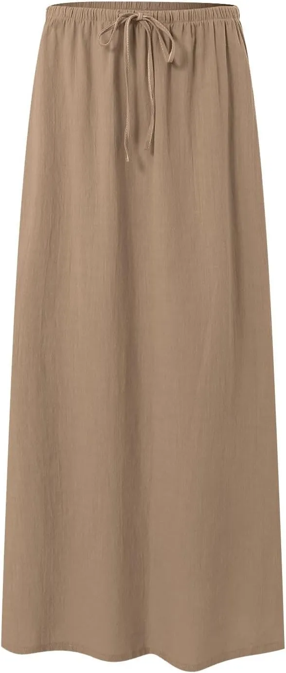 Rvidbe Women's Flowy Boho Maxi Skirt Drawstring Low Waist A Line Vacation Long Skirt Summer Casual Linen Skirts for Women