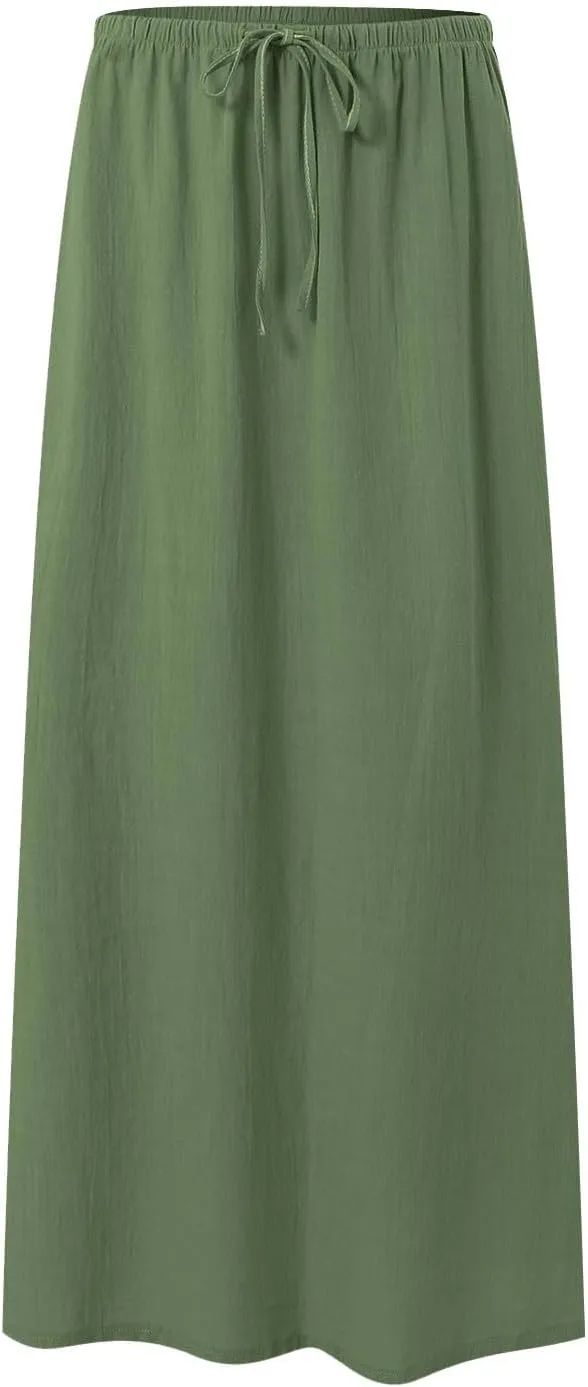Rvidbe Women's Flowy Boho Maxi Skirt Drawstring Low Waist A Line Vacation Long Skirt Summer Casual Linen Skirts for Women