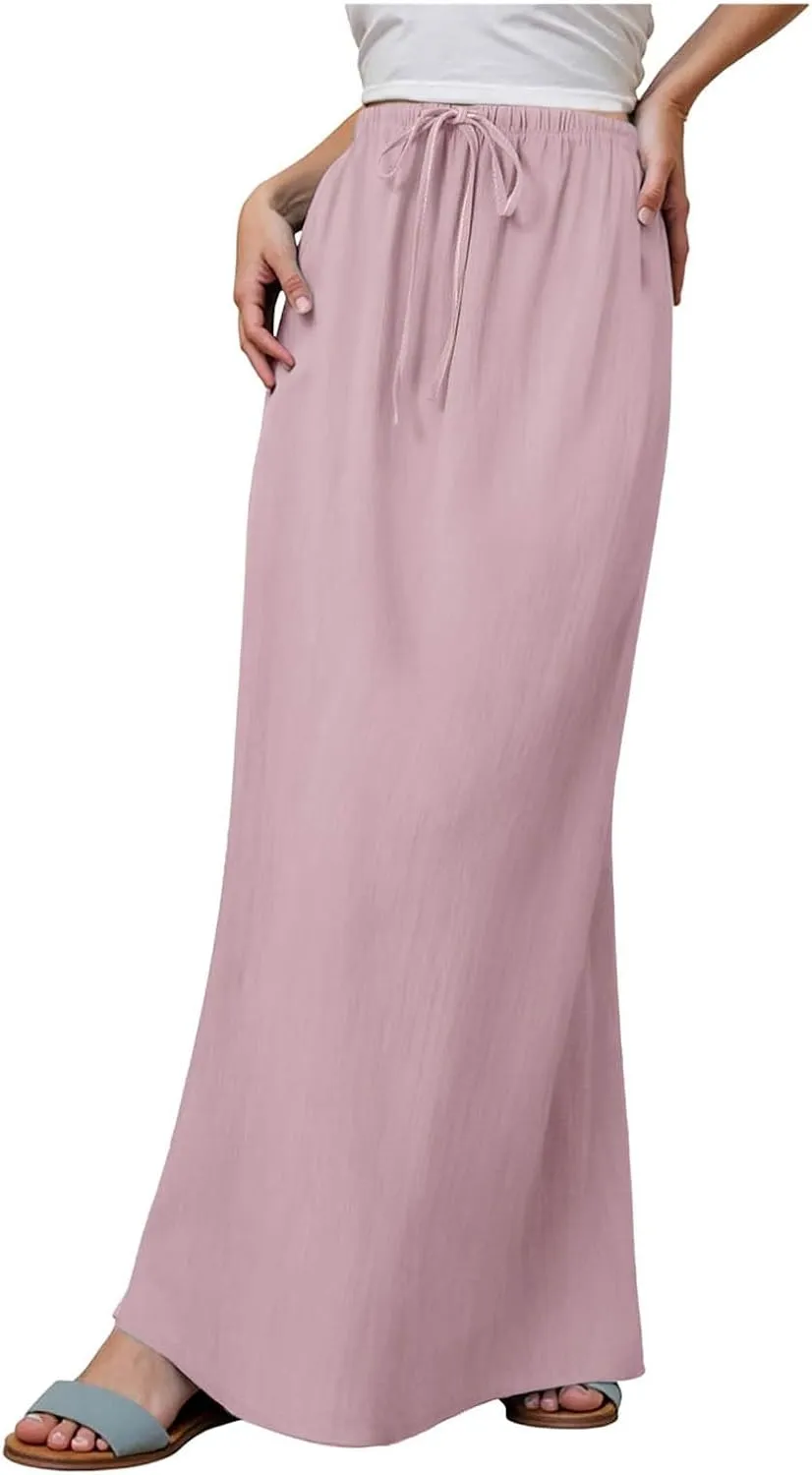 Rvidbe Women's Flowy Boho Maxi Skirt Drawstring Low Waist A Line Vacation Long Skirt Summer Casual Linen Skirts for Women