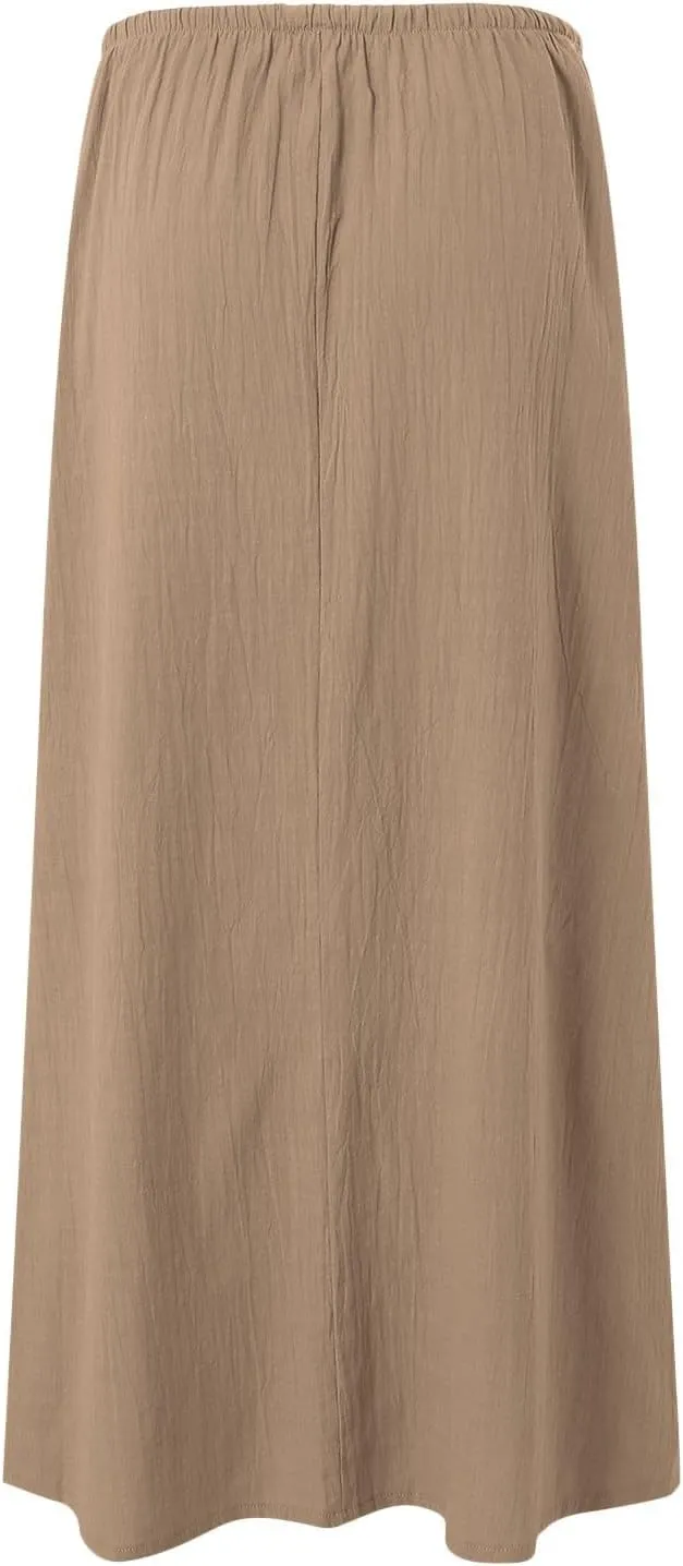 Rvidbe Women's Flowy Boho Maxi Skirt Drawstring Low Waist A Line Vacation Long Skirt Summer Casual Linen Skirts for Women