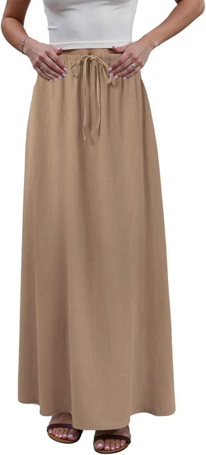 Rvidbe Women's Flowy Boho Maxi Skirt Drawstring Low Waist A Line Vacation Long Skirt Summer Casual Linen Skirts for Women