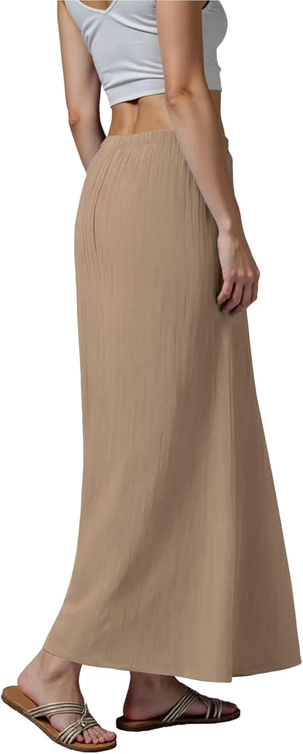 Rvidbe Women's Flowy Boho Maxi Skirt Drawstring Low Waist A Line Vacation Long Skirt Summer Casual Linen Skirts for Women