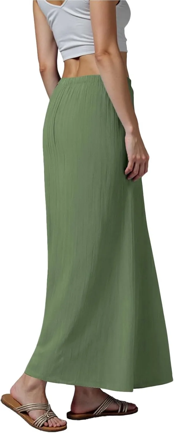 Rvidbe Women's Flowy Boho Maxi Skirt Drawstring Low Waist A Line Vacation Long Skirt Summer Casual Linen Skirts for Women