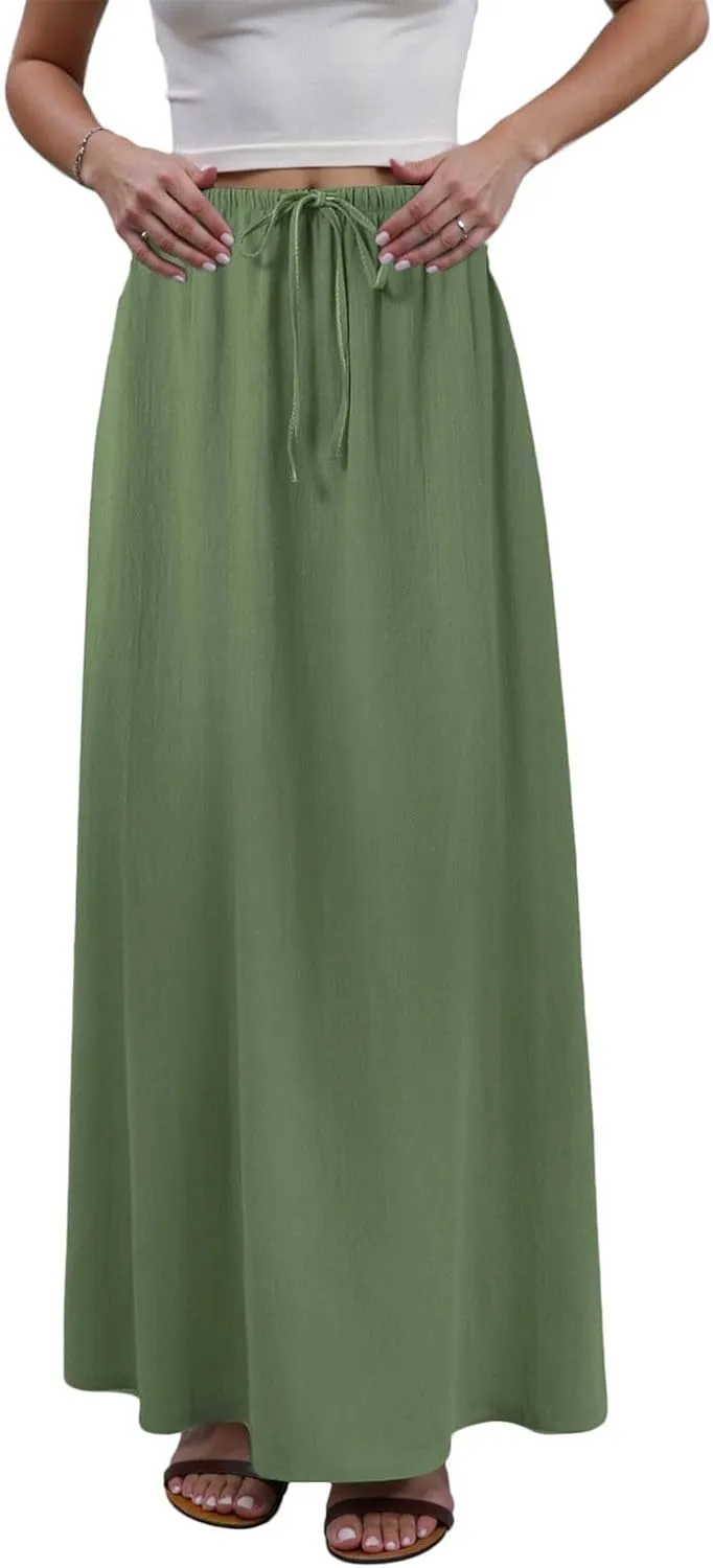 Rvidbe Women's Flowy Boho Maxi Skirt Drawstring Low Waist A Line Vacation Long Skirt Summer Casual Linen Skirts for Women