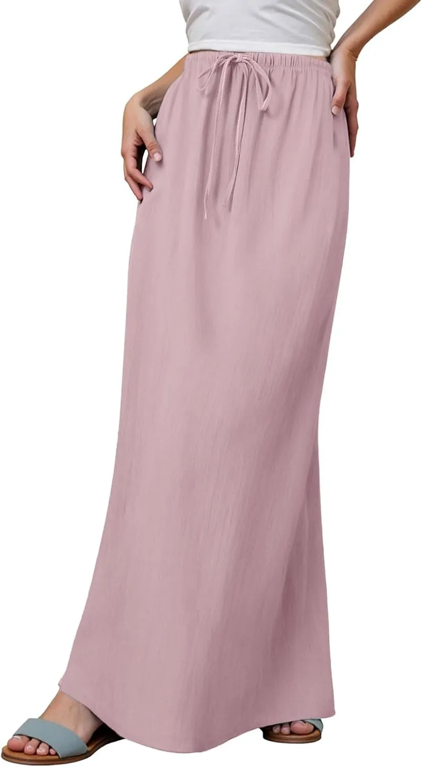 Rvidbe Women's Flowy Boho Maxi Skirt Drawstring Low Waist A Line Vacation Long Skirt Summer Casual Linen Skirts for Women