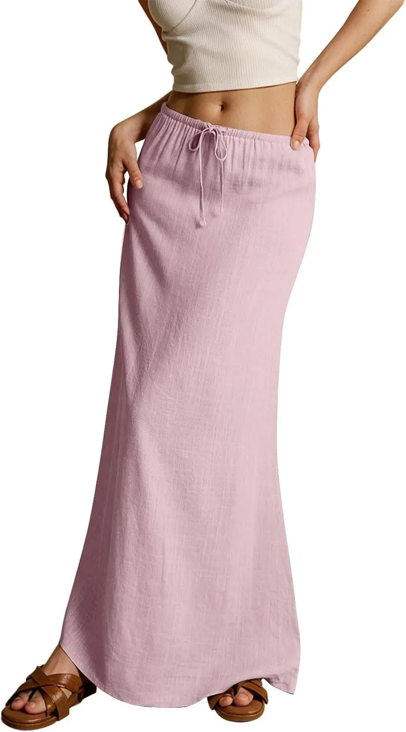 Rvidbe Women's Flowy Boho Maxi Skirt Drawstring Low Waist A Line Vacation Long Skirt Summer Casual Linen Skirts for Women