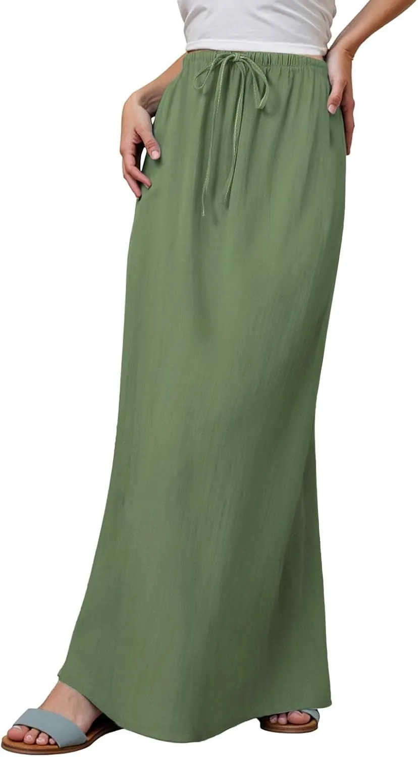 Rvidbe Women's Flowy Boho Maxi Skirt Drawstring Low Waist A Line Vacation Long Skirt Summer Casual Linen Skirts for Women