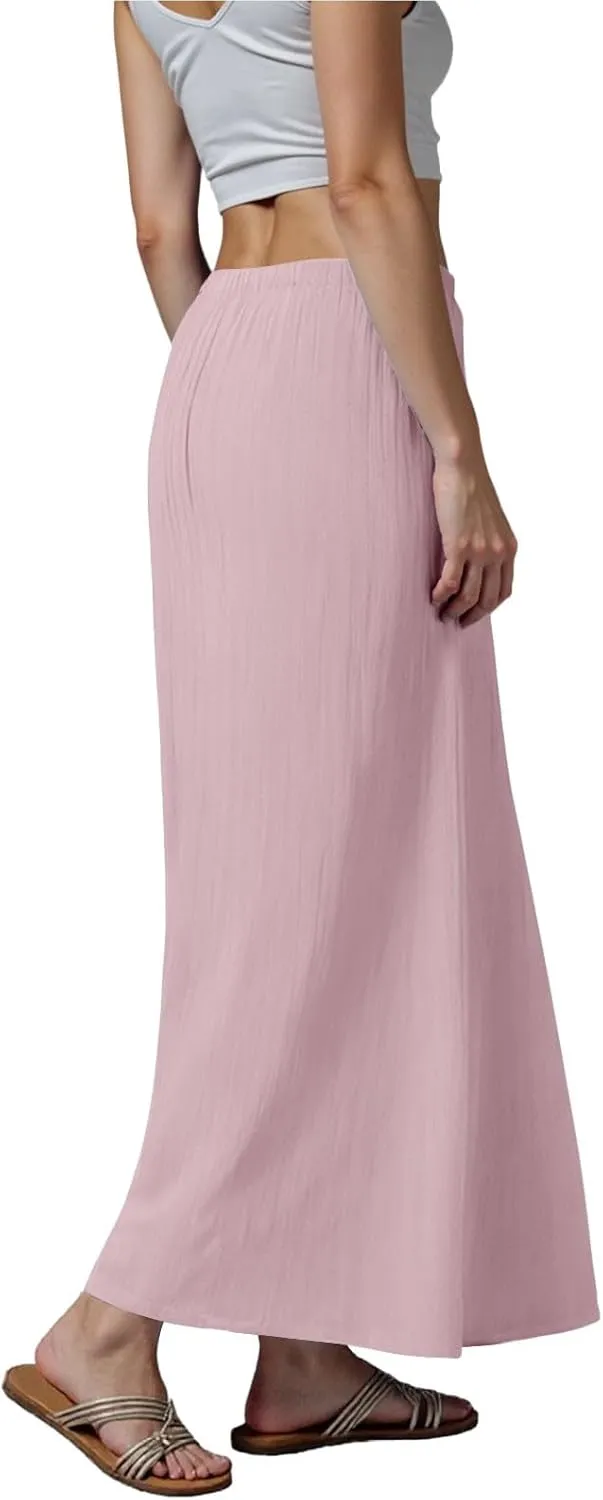 Rvidbe Women's Flowy Boho Maxi Skirt Drawstring Low Waist A Line Vacation Long Skirt Summer Casual Linen Skirts for Women