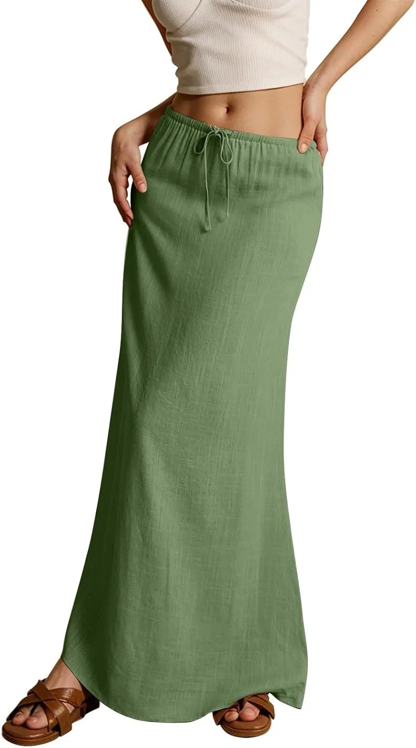 Rvidbe Women's Flowy Boho Maxi Skirt Drawstring Low Waist A Line Vacation Long Skirt Summer Casual Linen Skirts for Women