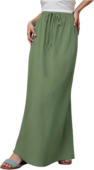 Rvidbe Women's Flowy Boho Maxi Skirt Drawstring Low Waist A Line Vacation Long Skirt Summer Casual Linen Skirts for Women