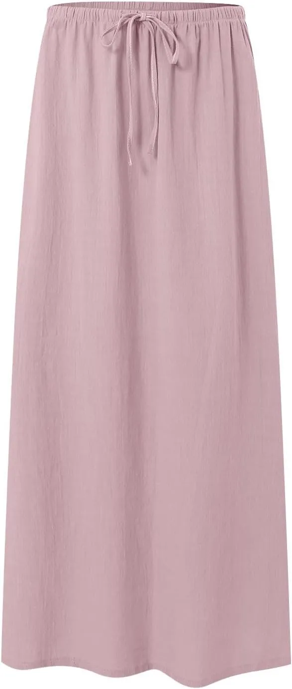 Rvidbe Women's Flowy Boho Maxi Skirt Drawstring Low Waist A Line Vacation Long Skirt Summer Casual Linen Skirts for Women