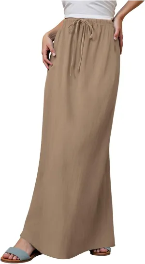 Rvidbe Women's Flowy Boho Maxi Skirt Drawstring Low Waist A Line Vacation Long Skirt Summer Casual Linen Skirts for Women