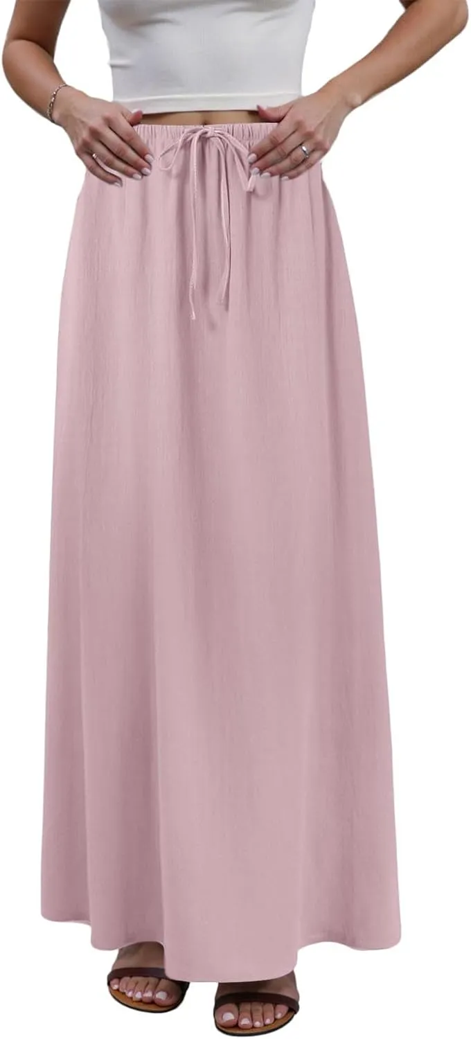 Rvidbe Women's Flowy Boho Maxi Skirt Drawstring Low Waist A Line Vacation Long Skirt Summer Casual Linen Skirts for Women