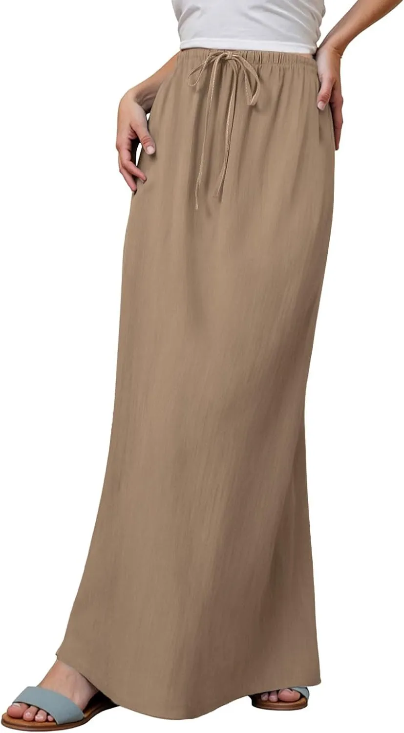 Rvidbe Women's Flowy Boho Maxi Skirt Drawstring Low Waist A Line Vacation Long Skirt Summer Casual Linen Skirts for Women