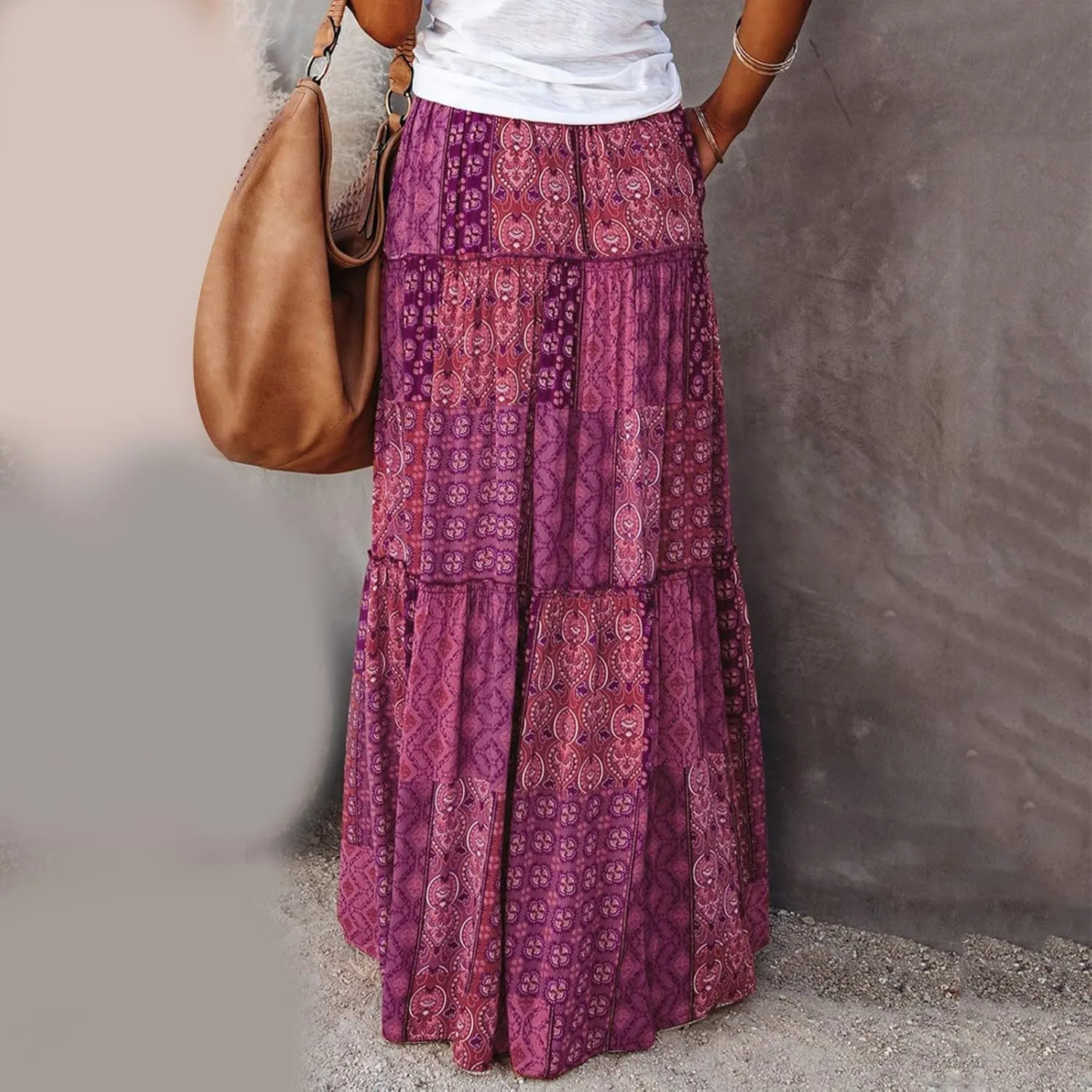 Rvidbe Women's Summer Casual Vacation Boho Maxi Skirt A-Line Flowy Ruffle Tiered Elastic High Waisted Floral Print Long Skirt