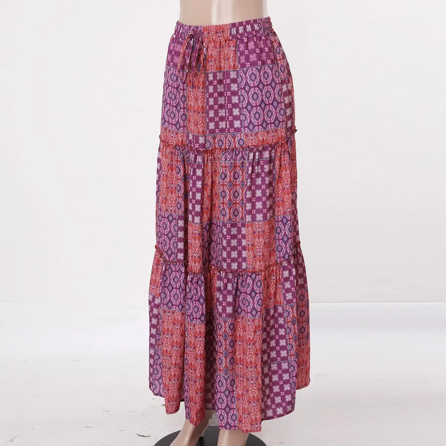 Rvidbe Women's Summer Casual Vacation Boho Maxi Skirt A-Line Flowy Ruffle Tiered Elastic High Waisted Floral Print Long Skirt