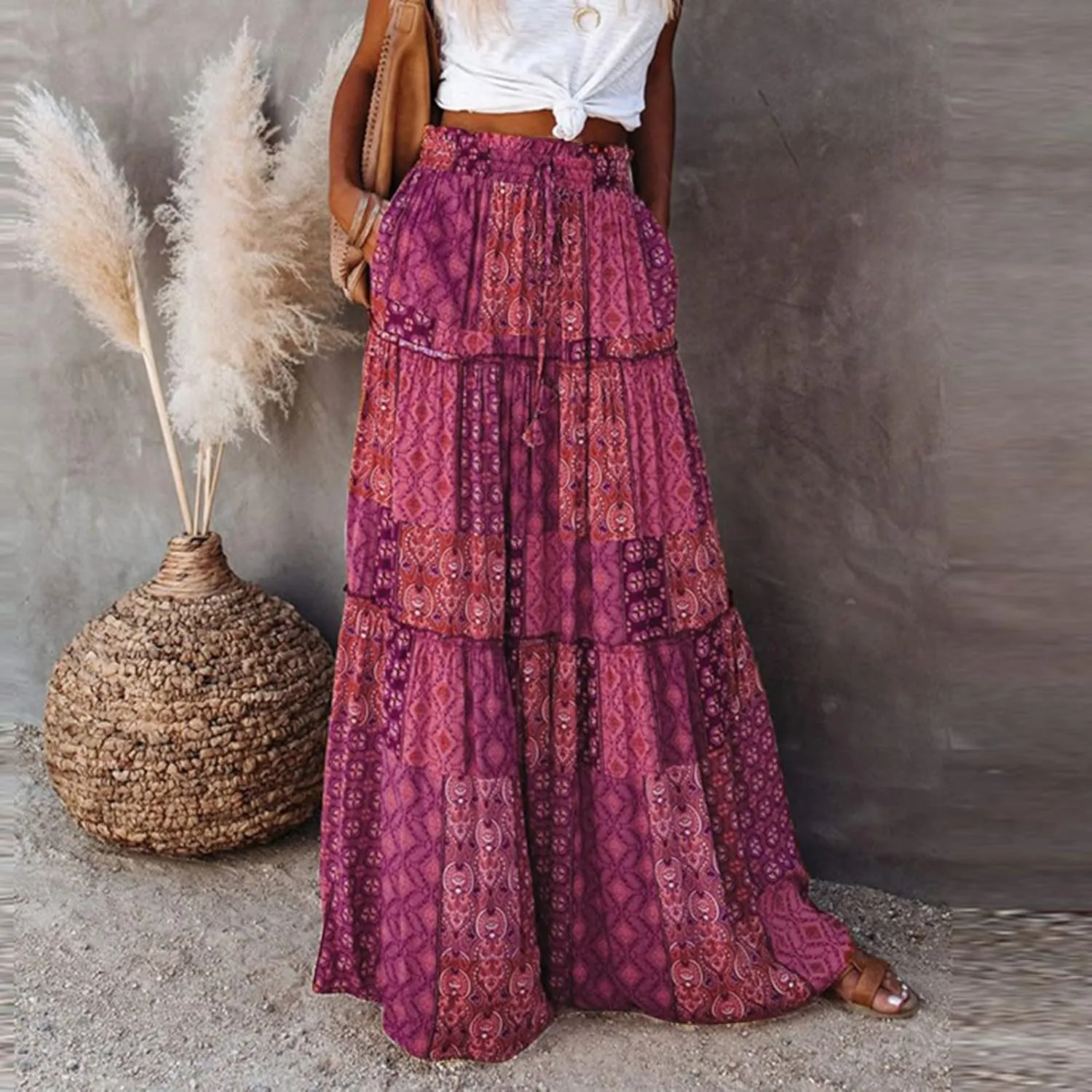 Rvidbe Women's Summer Casual Vacation Boho Maxi Skirt A-Line Flowy Ruffle Tiered Elastic High Waisted Floral Print Long Skirt