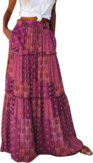 Rvidbe Women's Summer Casual Vacation Boho Maxi Skirt A-Line Flowy Ruffle Tiered Elastic High Waisted Floral Print Long Skirt