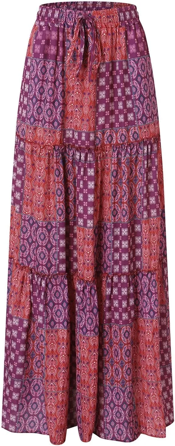 Rvidbe Women's Summer Casual Vacation Boho Maxi Skirt A-Line Flowy Ruffle Tiered Elastic High Waisted Floral Print Long Skirt