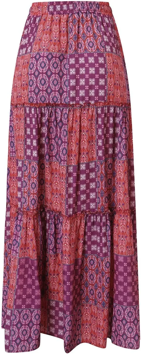Rvidbe Women's Summer Casual Vacation Boho Maxi Skirt A-Line Flowy Ruffle Tiered Elastic High Waisted Floral Print Long Skirt