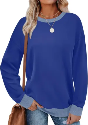Saloogoe Long Sleeve Shirts for Women Loose Fit Tops Crewneck Sweatshirts Business Casual Outfits 2024 Royal Blue M