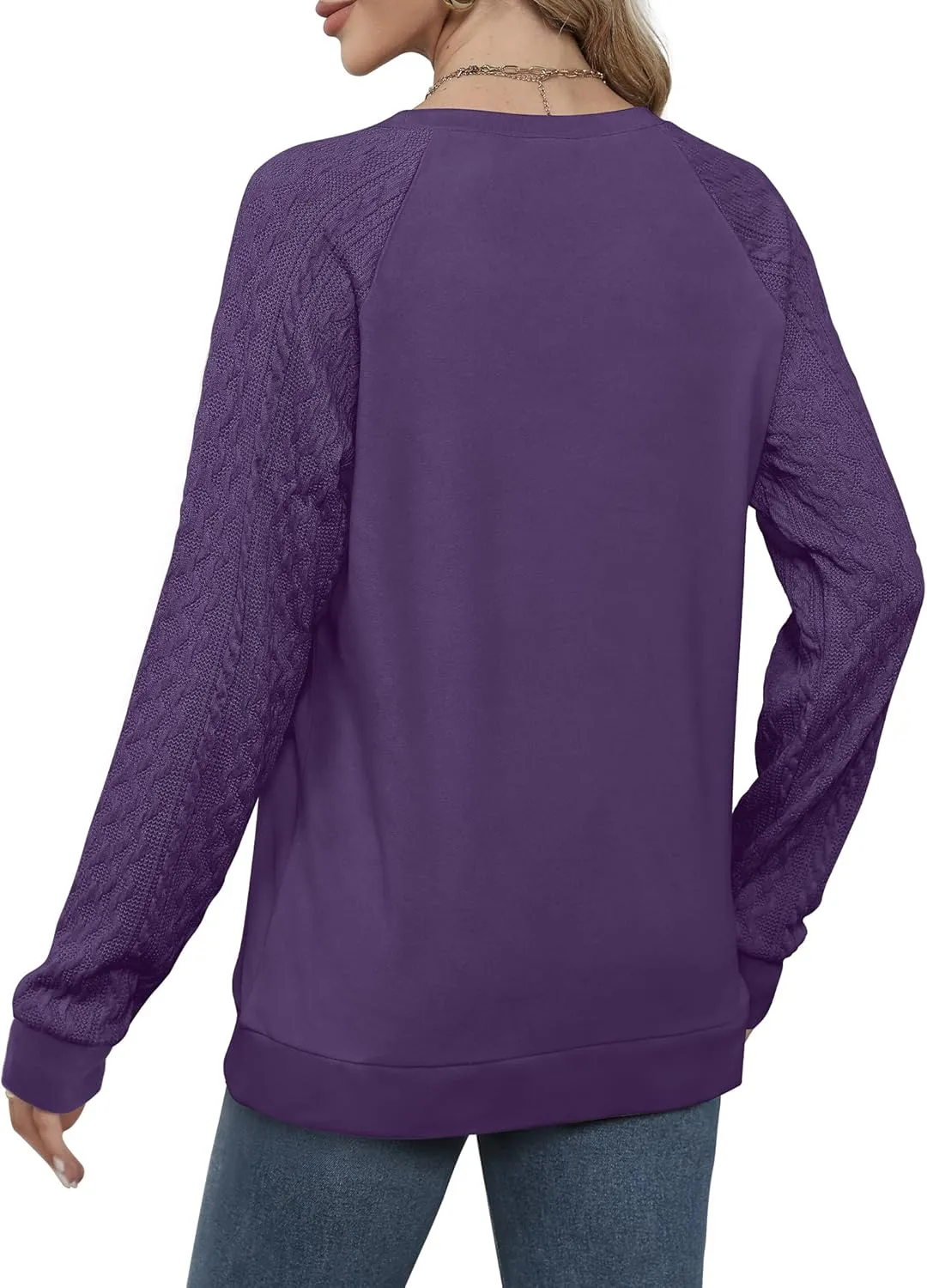 Saloogoe Sweatshirts for Women Crewneck Cable Knit Sleeve Sweaters Lightweight Fashion 2024