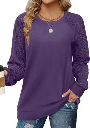 Saloogoe Sweatshirts for Women Crewneck Cable Knit Sleeve Sweaters Lightweight Fashion 2024
