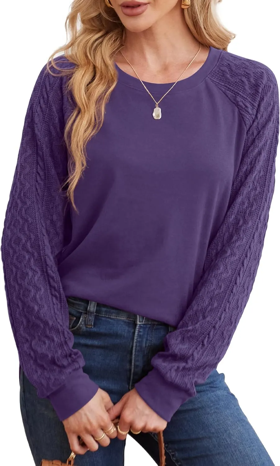 Saloogoe Sweatshirts for Women Crewneck Cable Knit Sleeve Sweaters Lightweight Fashion 2024