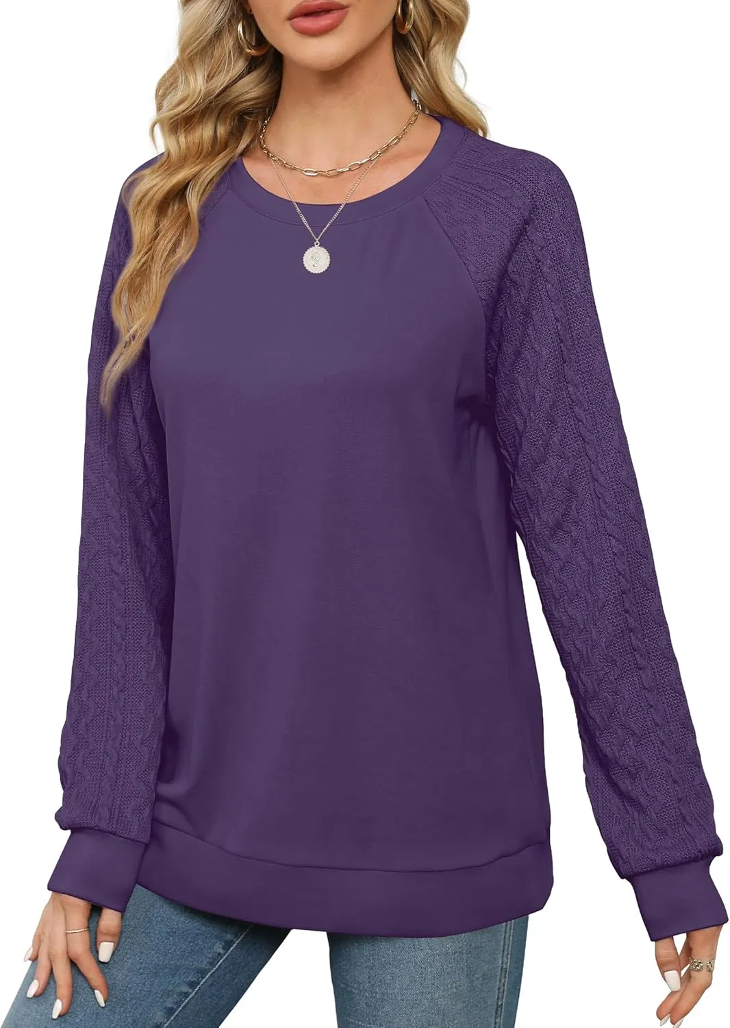 Saloogoe Sweatshirts for Women Crewneck Cable Knit Sleeve Sweaters Lightweight Fashion 2024