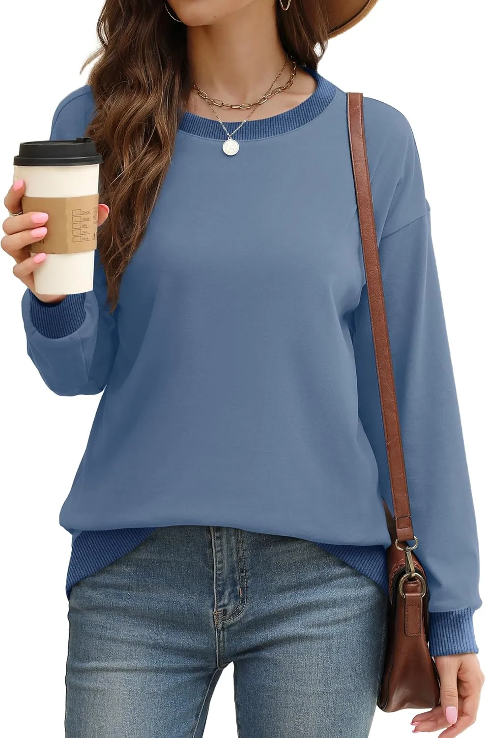 Saloogoe Sweatshirts for Women Crewneck Long Sleeve Loose Fit Tops Color Block Ribbed Trim Fashion 2024
