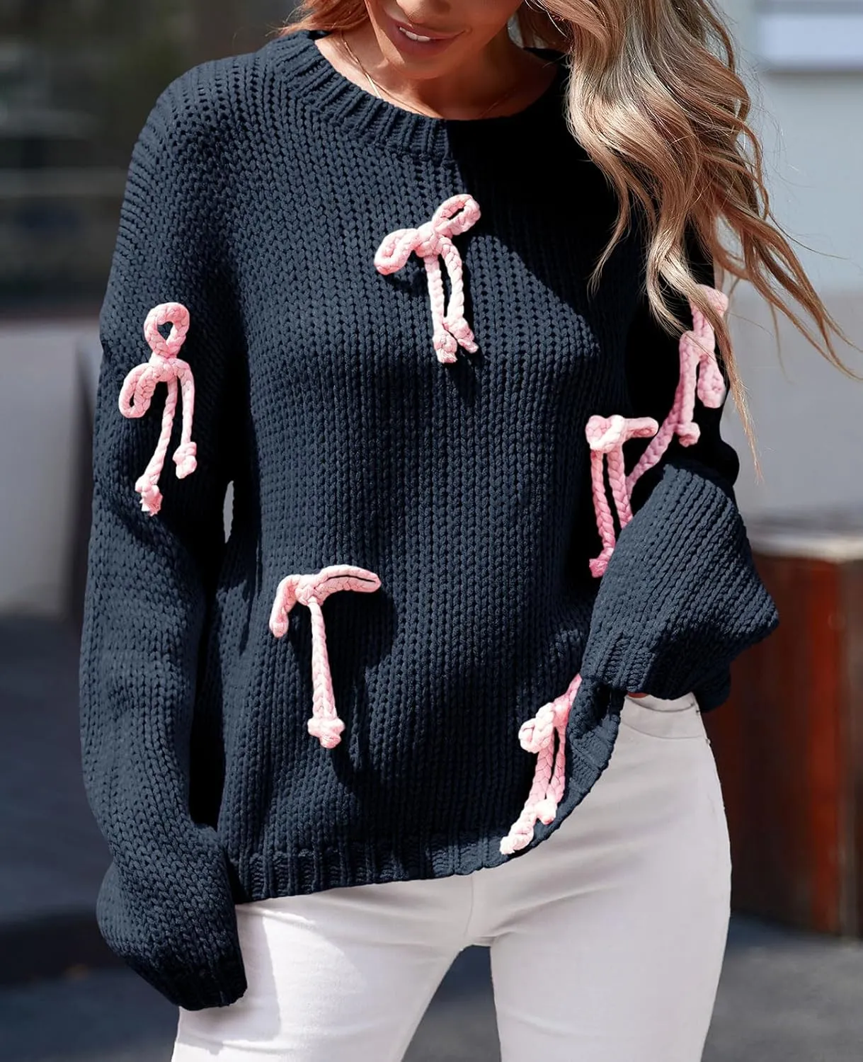 Saodimallsu Womens Bow Sweater Chunky Knit Crew Neck Long Sleeve Y2k Drop Shoulder Pullover Jumpers