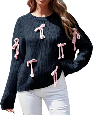 Saodimallsu Womens Bow Sweater Chunky Knit Crew Neck Long Sleeve Y2k Drop Shoulder Pullover Jumpers