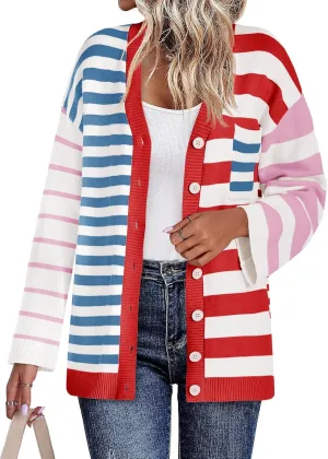 Saodimallsu Womens Striped Color Block Cardigan Sweaters V Neck Long Sleeve Button Colorful Open Front Coats
