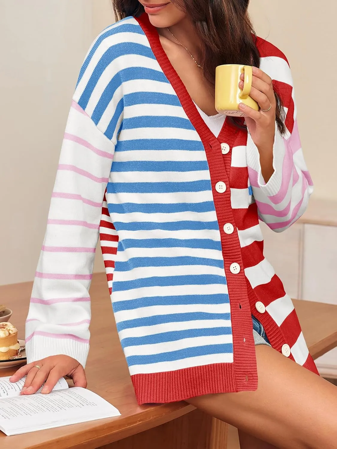 Saodimallsu Womens Striped Color Block Cardigan Sweaters V Neck Long Sleeve Button Colorful Open Front Coats