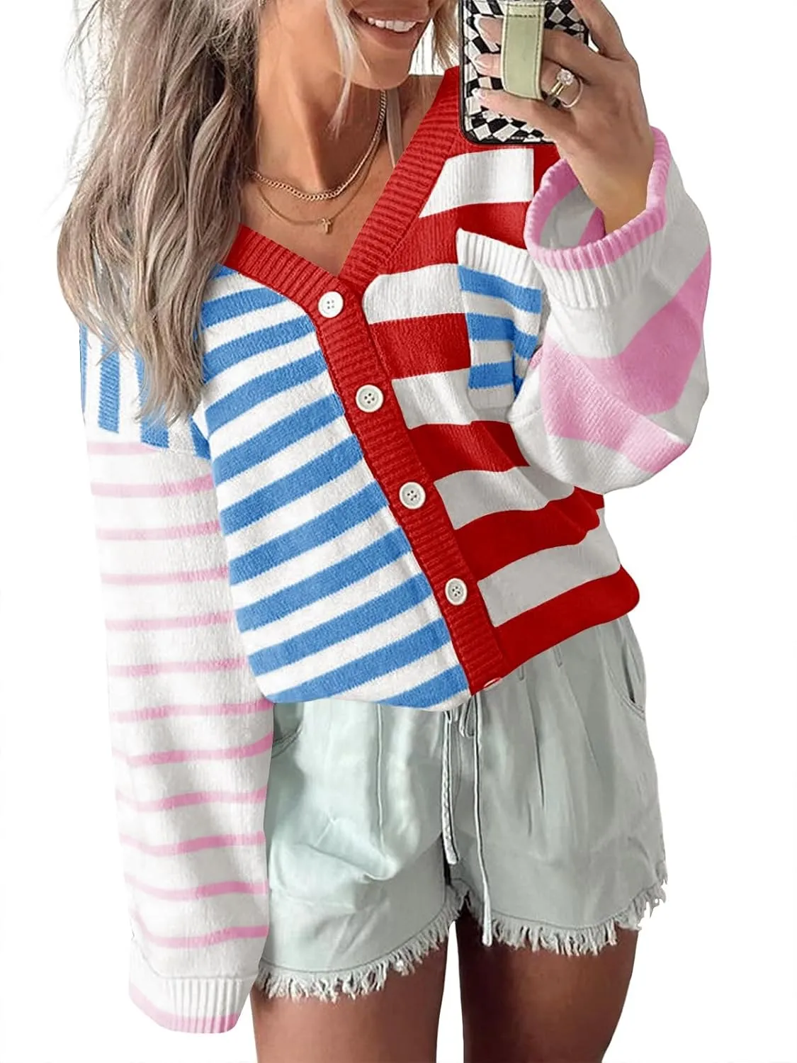 Saodimallsu Womens Striped Color Block Cardigan Sweaters V Neck Long Sleeve Button Colorful Open Front Coats
