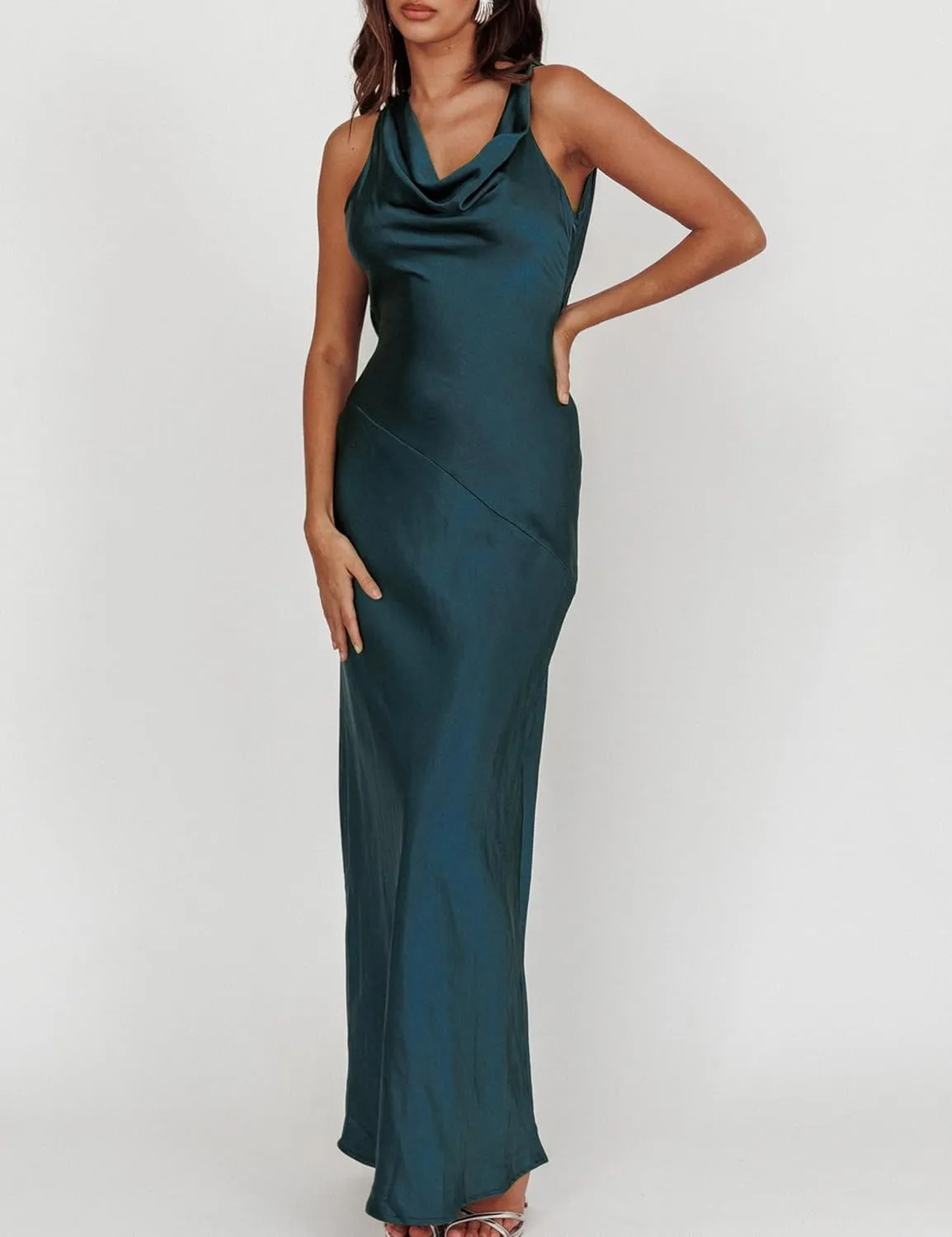 Satin Cowl Neck Sleeveless Backless Maxi Wedding Guest Dress Silk Open Back Tie Back Prom Formal Dresses for Women 2024