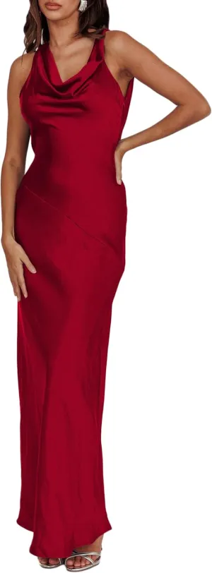 Satin Cowl Neck Sleeveless Backless Maxi Wedding Guest Dress Silk Open Back Tie Back Prom Formal Dresses for Women 2024