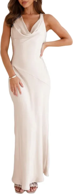Satin Cowl Neck Sleeveless Backless Maxi Wedding Guest Dress Silk Open Back Tie Back Prom Formal Dresses for Women 2024