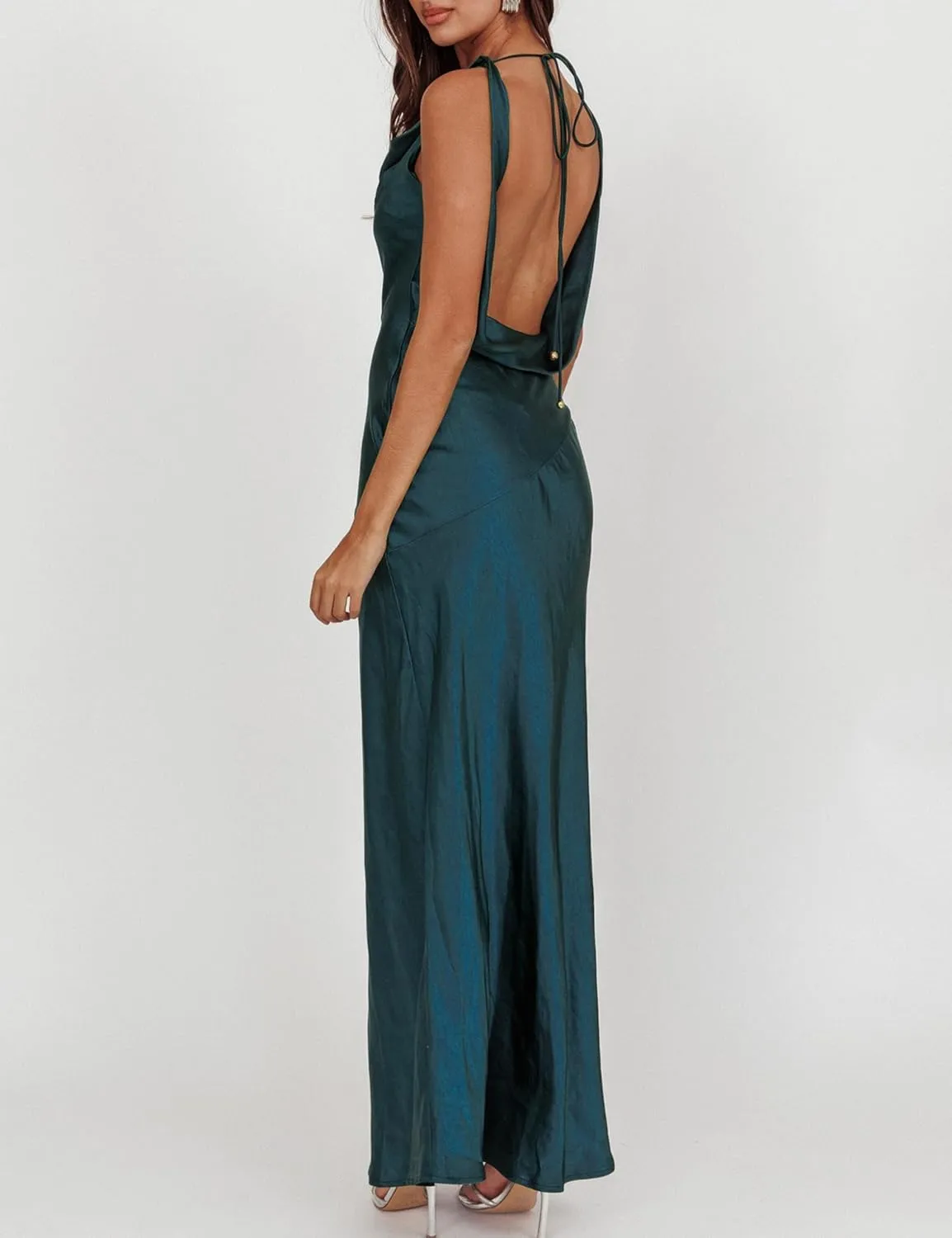 Satin Cowl Neck Sleeveless Backless Maxi Wedding Guest Dress Silk Open Back Tie Back Prom Formal Dresses for Women 2024