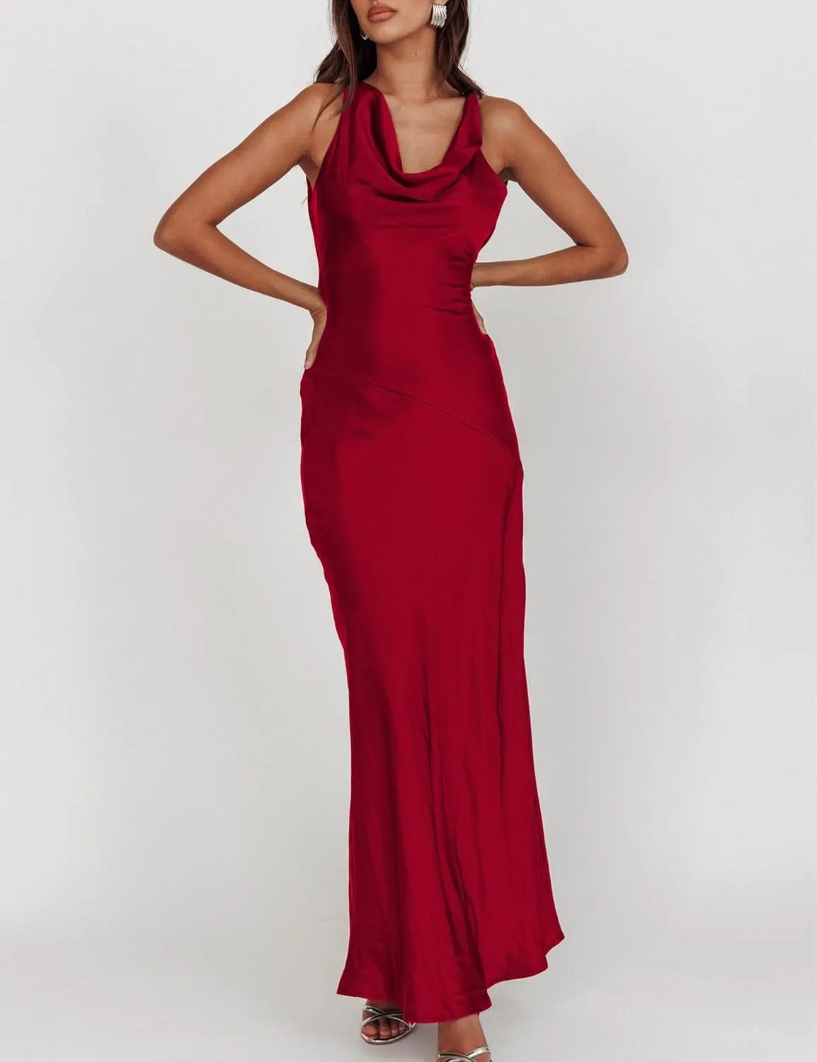 Satin Cowl Neck Sleeveless Backless Maxi Wedding Guest Dress Silk Open Back Tie Back Prom Formal Dresses for Women 2024