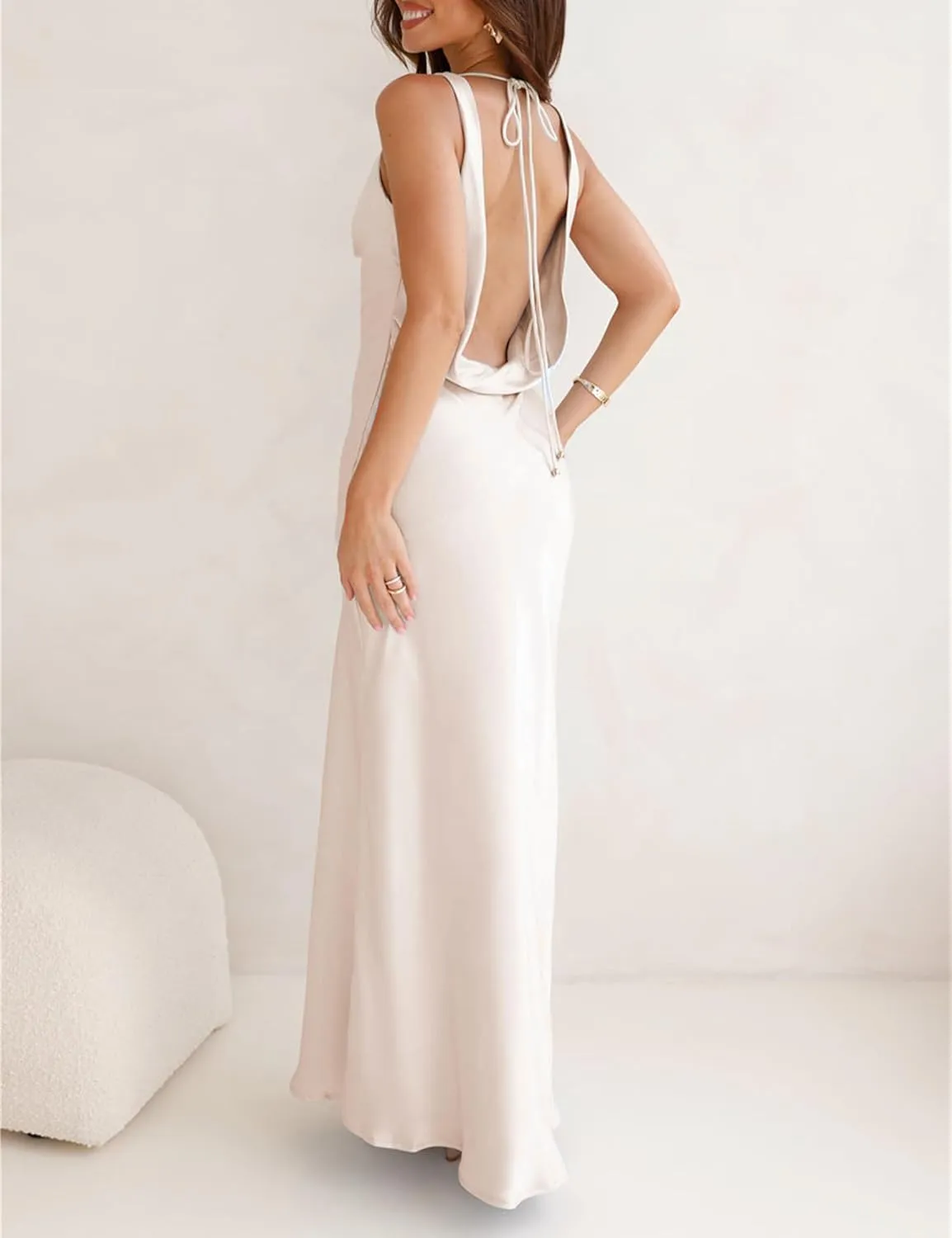 Satin Cowl Neck Sleeveless Backless Maxi Wedding Guest Dress Silk Open Back Tie Back Prom Formal Dresses for Women 2024