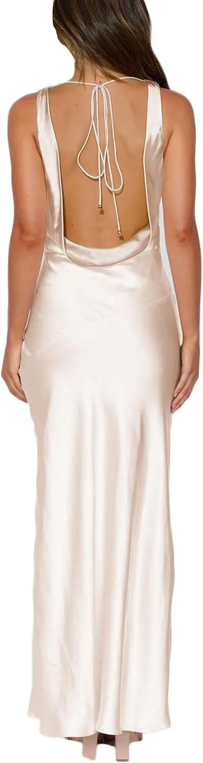 Satin Cowl Neck Sleeveless Backless Maxi Wedding Guest Dress Silk Open Back Tie Back Prom Formal Dresses for Women 2024