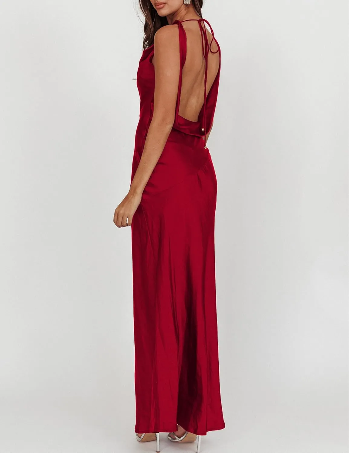 Satin Cowl Neck Sleeveless Backless Maxi Wedding Guest Dress Silk Open Back Tie Back Prom Formal Dresses for Women 2024