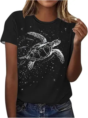Sea Turtles Graphic Tops for Women Crewneck Short Sleeve Tshirts Summer Casual Trendy Blouses Beach Vacation Tees