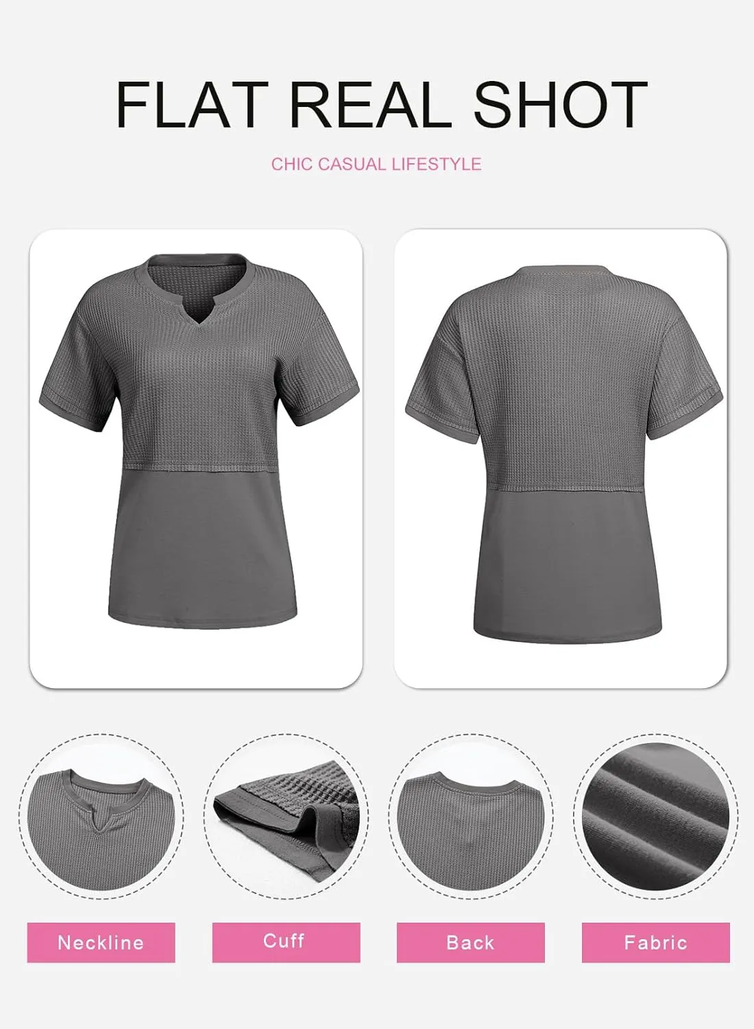 SHEWIN Womens Casual V Neck Waffle Knit Tops Short Sleeve T Shirts Loose Blouses
