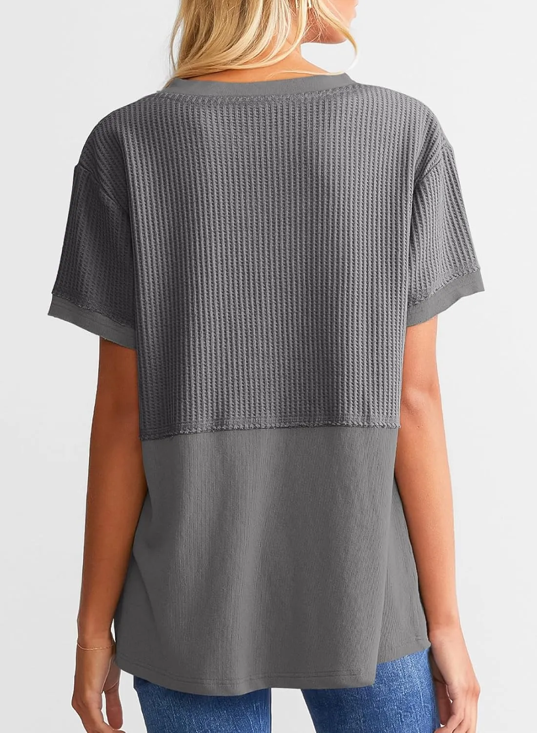 SHEWIN Womens Casual V Neck Waffle Knit Tops Short Sleeve T Shirts Loose Blouses