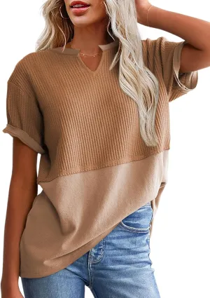 SHEWIN Womens Casual V Neck Waffle Knit Tops Short Sleeve T Shirts Loose Blouses