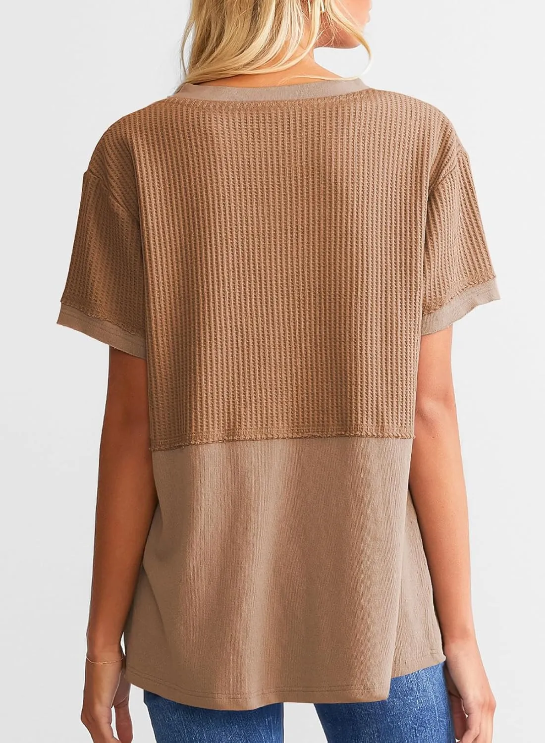 SHEWIN Womens Casual V Neck Waffle Knit Tops Short Sleeve T Shirts Loose Blouses