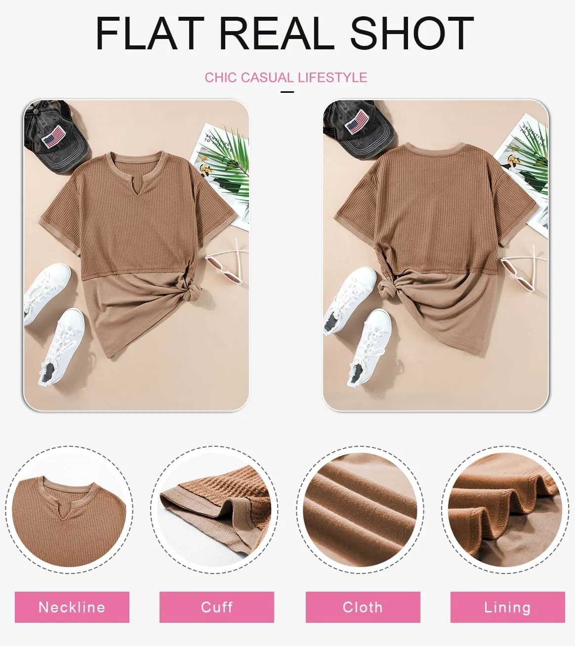 SHEWIN Womens Casual V Neck Waffle Knit Tops Short Sleeve T Shirts Loose Blouses